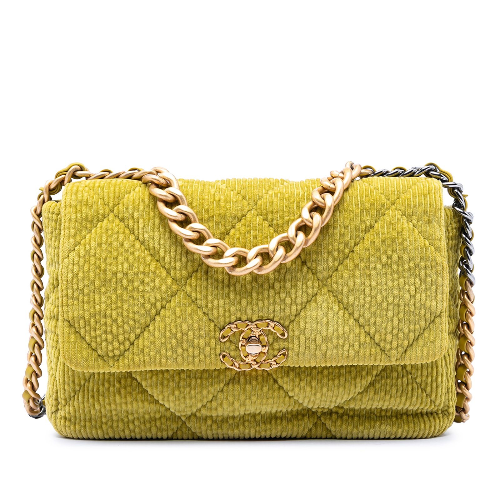 Chanel 19 Large Green Corduroy Quilted Flap Bag with Chain Strap (1 of 7)