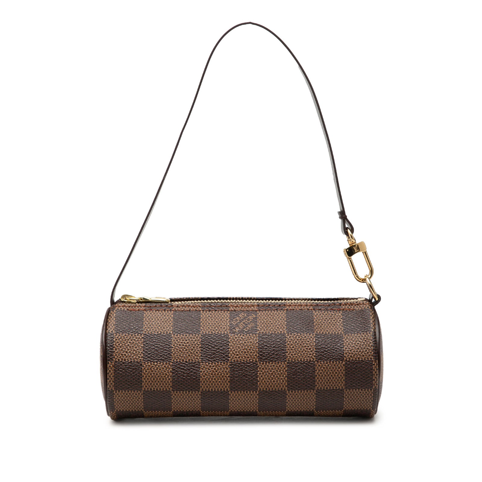 Brown Damier Ebene Papillon Pochette by Louis Vuitton: Brown Damier Ebene Papillon Pochette by Louis Vuitton Louis Vuitton Damier Ebene Papillon Pochette bag featuring a damier ebene canvas body with leather trim, a flat leather strap, and a top zip closu