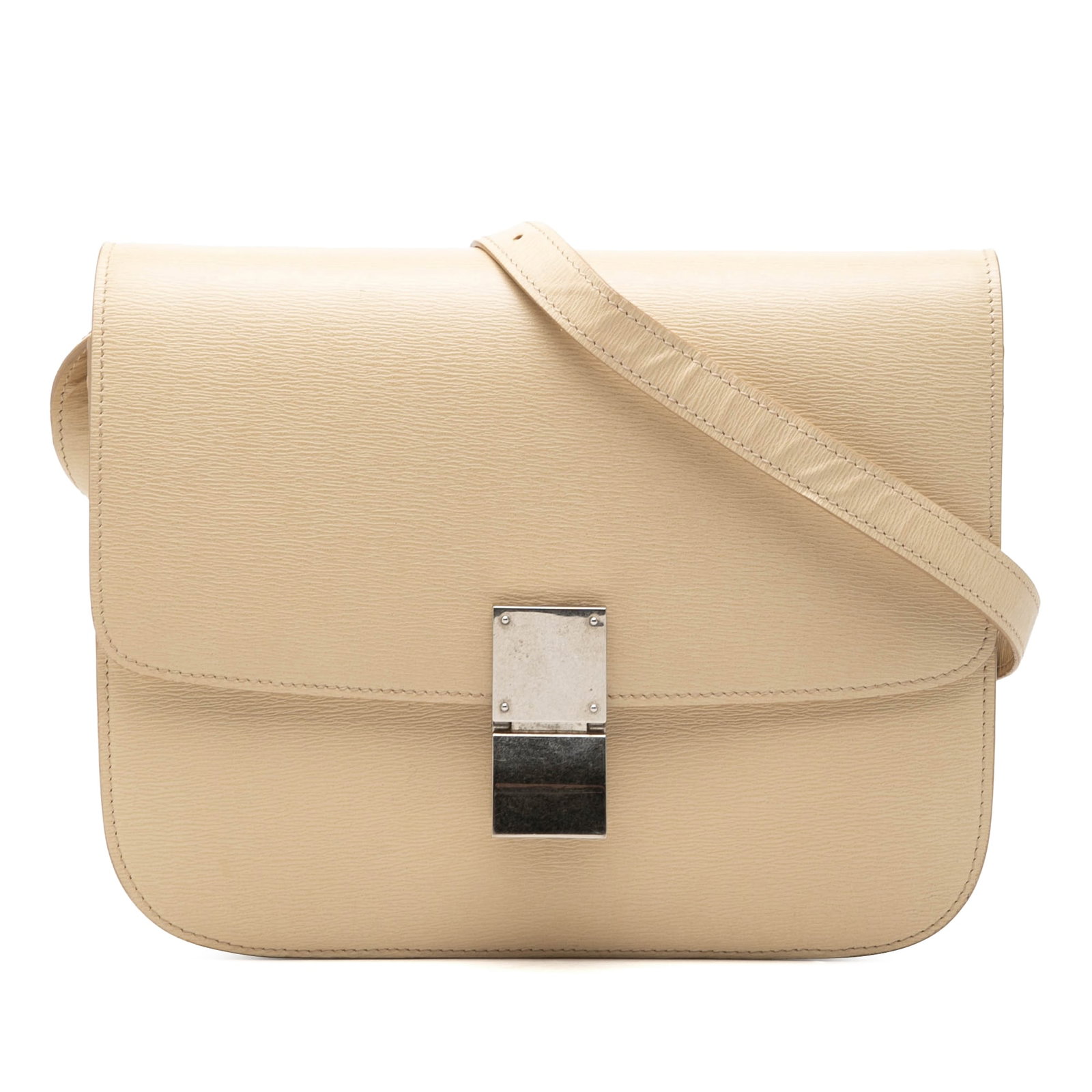 Celine Medium Classic Box Beige Leather Shoulder Bag: Celine Medium Classic Box Beige Leather Shoulder Bag Celine Medium Calfskin Classic Box bag in beige leather, made in Italy. It features an adjustable flat leather strap, a front flap with push lock c