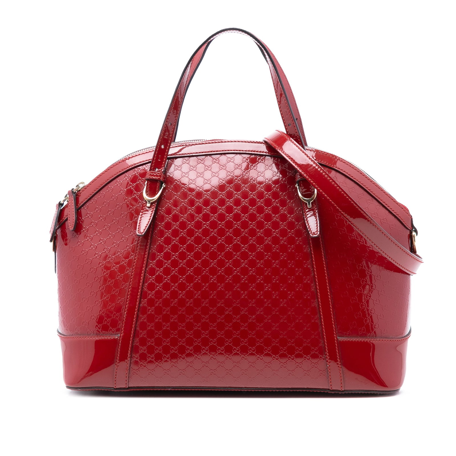 Gucci Microguccissima Patent Leather Red Dome Satchel with Shoulder Strap: Gucci Microguccissima Patent Leather Red Dome Satchel with Shoulder Strap This Gucci Large Microguccissima Patent Nice Dome Satchel features a patent leather exterior with flat leather handles and a d