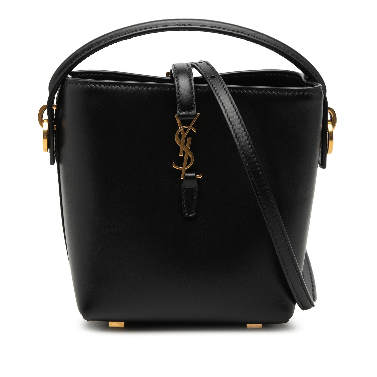 Saint Laurent Le 37 Mini Bucket Bag in Black Shiny Calfskin: Saint Laurent Le 37 Mini Bucket Bag in Black Shiny Calfskin Mini bucket bag by Saint Laurent in black shiny calfskin leather. It features a leather body, a flat leather handle, a detachable flat strap