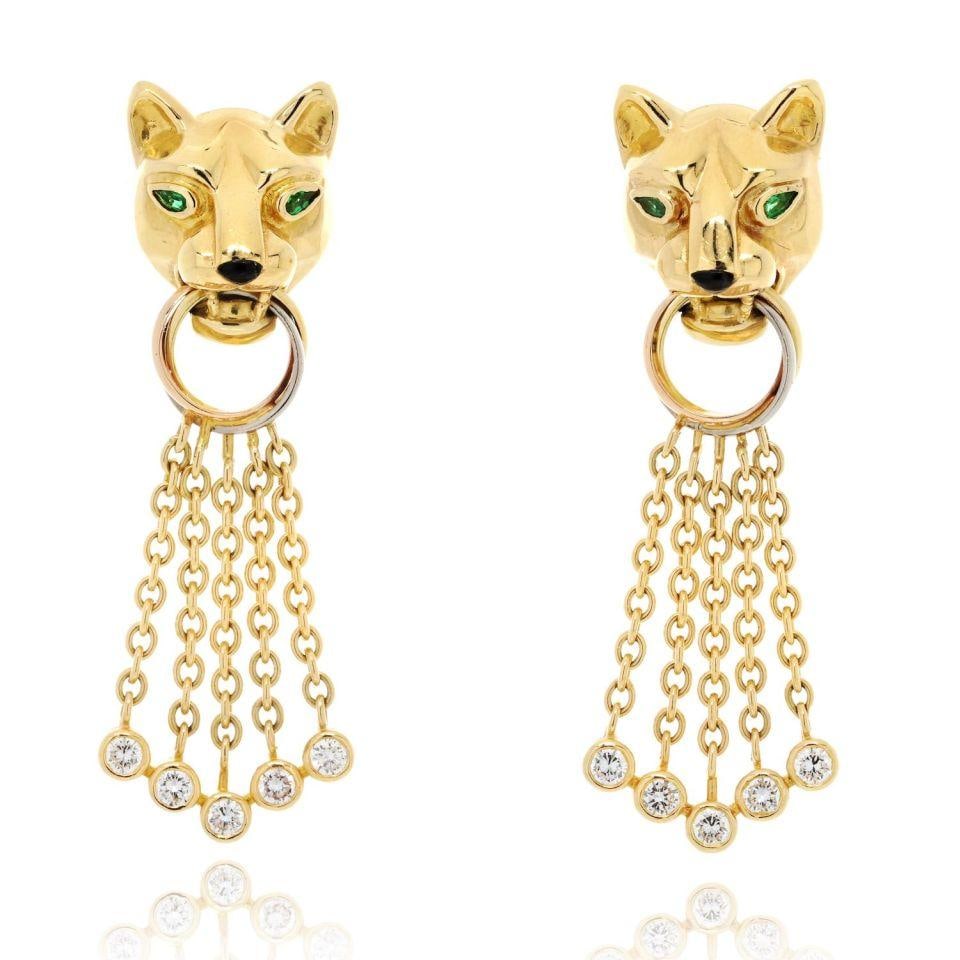 Cartier Panthere 18K Tri Color Gold Earrings: Cartier Panthere 18K Tri Color Gold Earrings These elegant Cartier Panthere earrings are crafted from luxurious 18K tri-color gold, combining shades of yellow, white, and rose gold for a distinctive l
