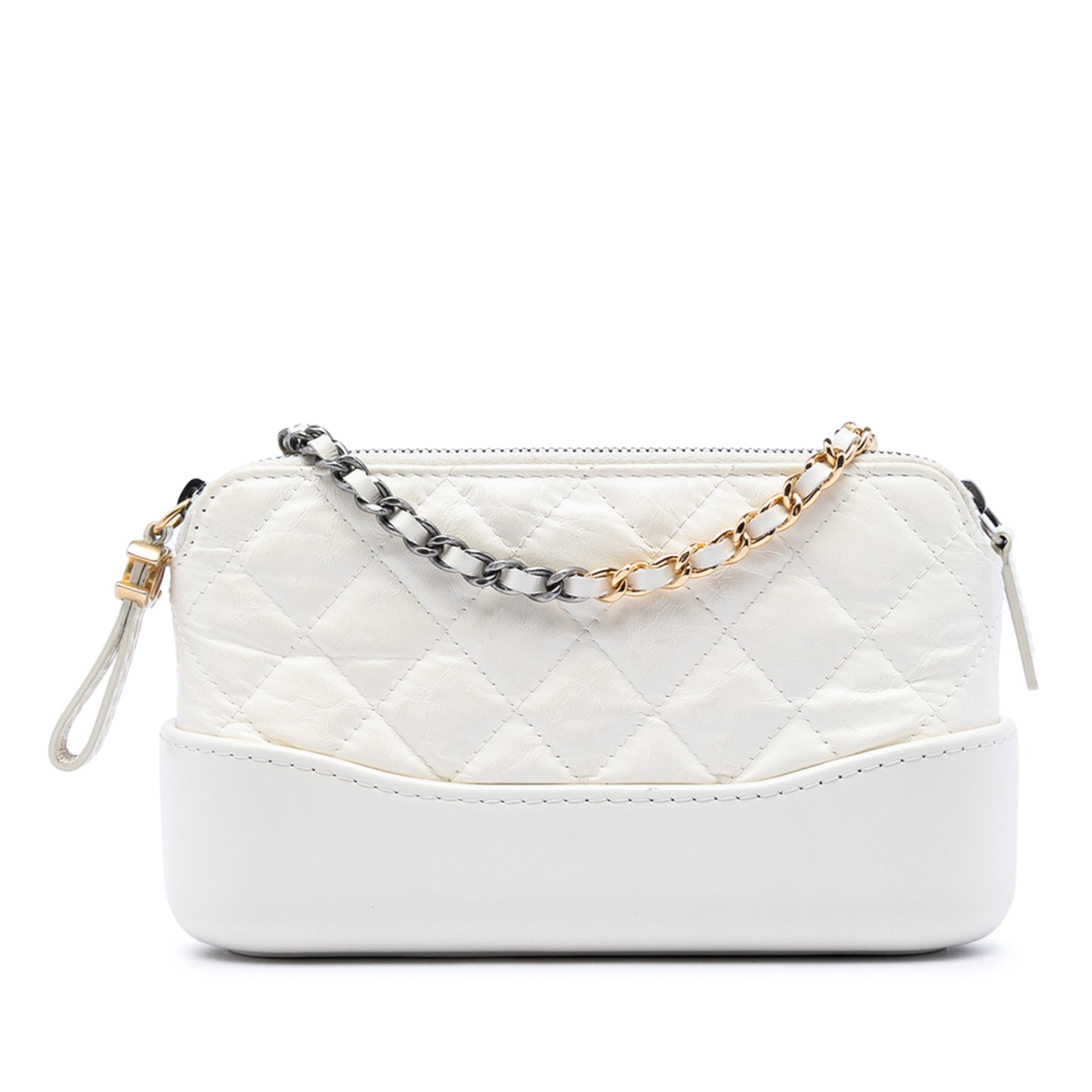 Chanel Gabrielle Chain Clutch in Quilted Aged Calfskin: Chanel Gabrielle Chain Clutch in Quilted Aged Calfskin This Chanel Gabrielle clutch with chain is a crossbody bag featuring a quilted leather body, a leather-woven chain strap, and dual top zip closur