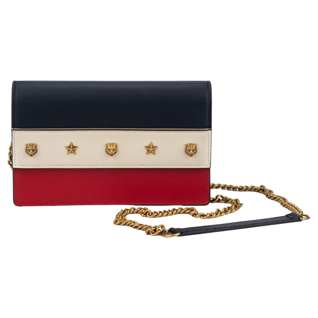 Gucci Tiger Studded Tricolor Leather Crossbody Bag: Gucci Tiger Studded Tricolor Leather Crossbody Bag Gucci tricolor leather crossbody bag in red, white, and blue with gold tiger studs. Includes the original dustcover and box. Condition is un-used. Sp