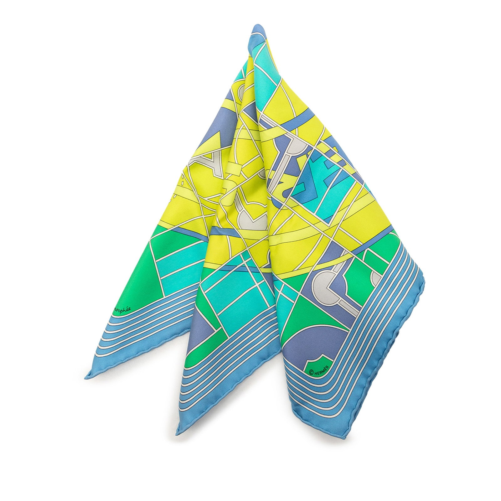 Hermes Blue Silk Sport Print Pocket Square Accessory: Hermes Blue Silk Sport Print Pocket Square Accessory This Hermes Sport Pocket Square handkerchief is crafted from 100% silk and features a distinctive sport-themed print in blue. Made in France, it is