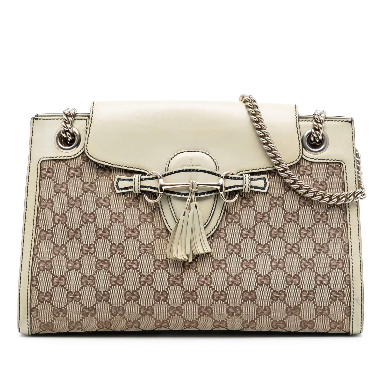Gucci Emily Shoulder Bag in Large GG Canvas with Leather Trim: Gucci Emily Shoulder Bag in Large GG Canvas with Leather Trim This Gucci Large GG Canvas Emily Shoulder Bag features a canvas body with leather trim, curb chain straps with leather shoulder guards, a 