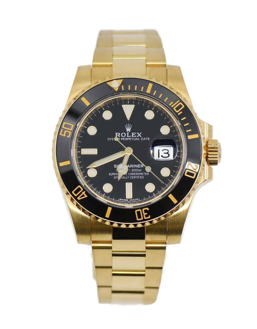 Rolex Submariner 116618LN 18K Yellow Gold 40 mm Black Dial: Rolex Submariner 116618LN 18K Yellow Gold 40 mm Black Dial This Rolex Submariner 18K Yellow Gold Watch, reference 116618LN, features a 40 mm round case and a black analog dial. The timepiece is powere