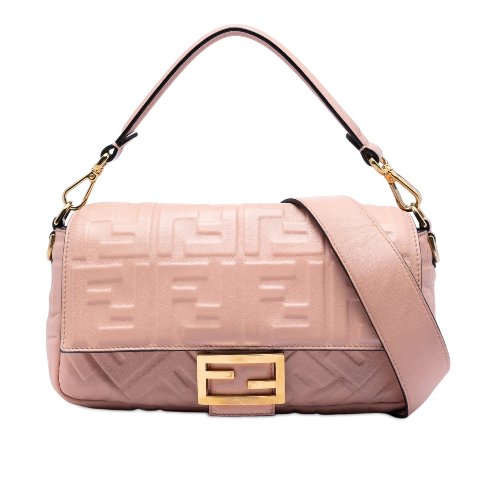 Fendi Zucca Embossed Leather Baguette Pink Satchel: Fendi Zucca Embossed Leather Baguette Pink Satchel This Fendi Zucca Embossed Leather Baguette Satchel features a pink embossed leather body, a flat leather handle, and a detachable flat leather should