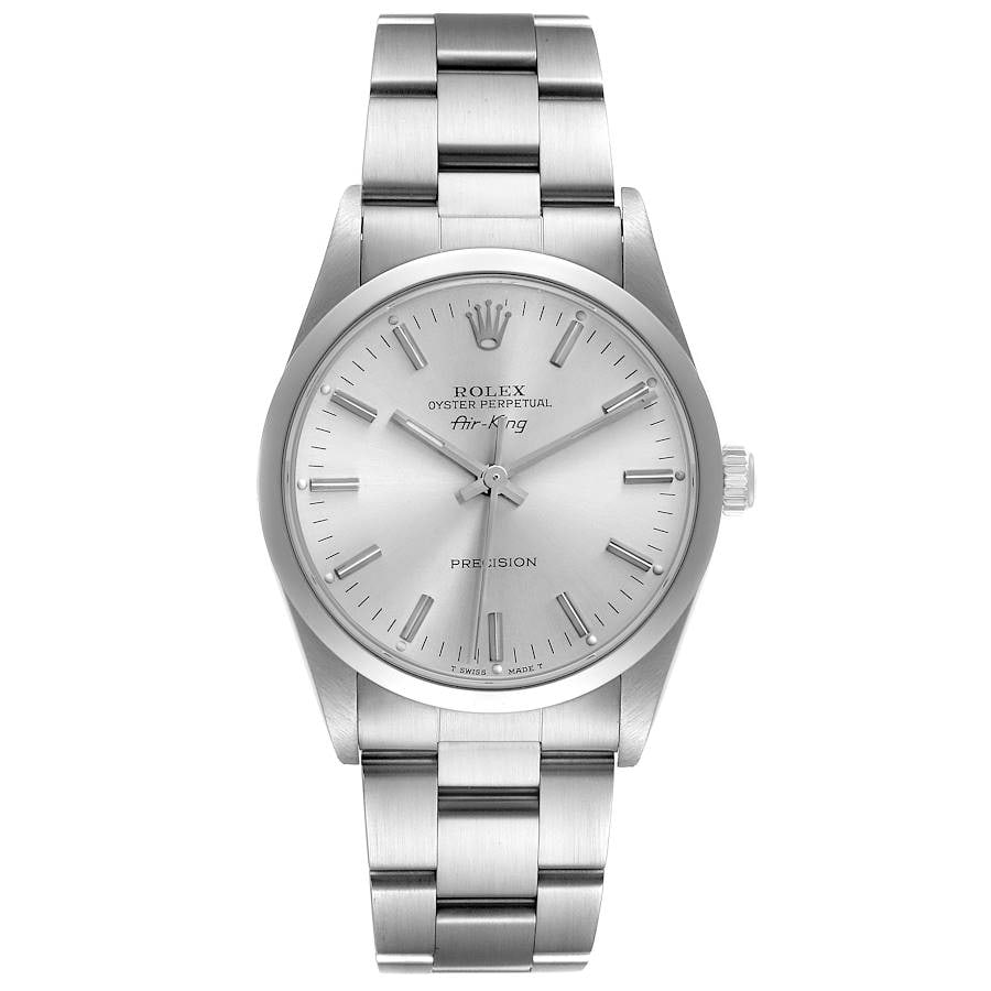Rolex Air-King 14000 Oyster Bracelet Silver Stick Dial: Rolex Air-King 14000 Oyster Bracelet Silver Stick Dial This Rolex Air-King features a silver stick dial and is paired with the classic Oyster bracelet. The watch has a smooth bezel and is identified b