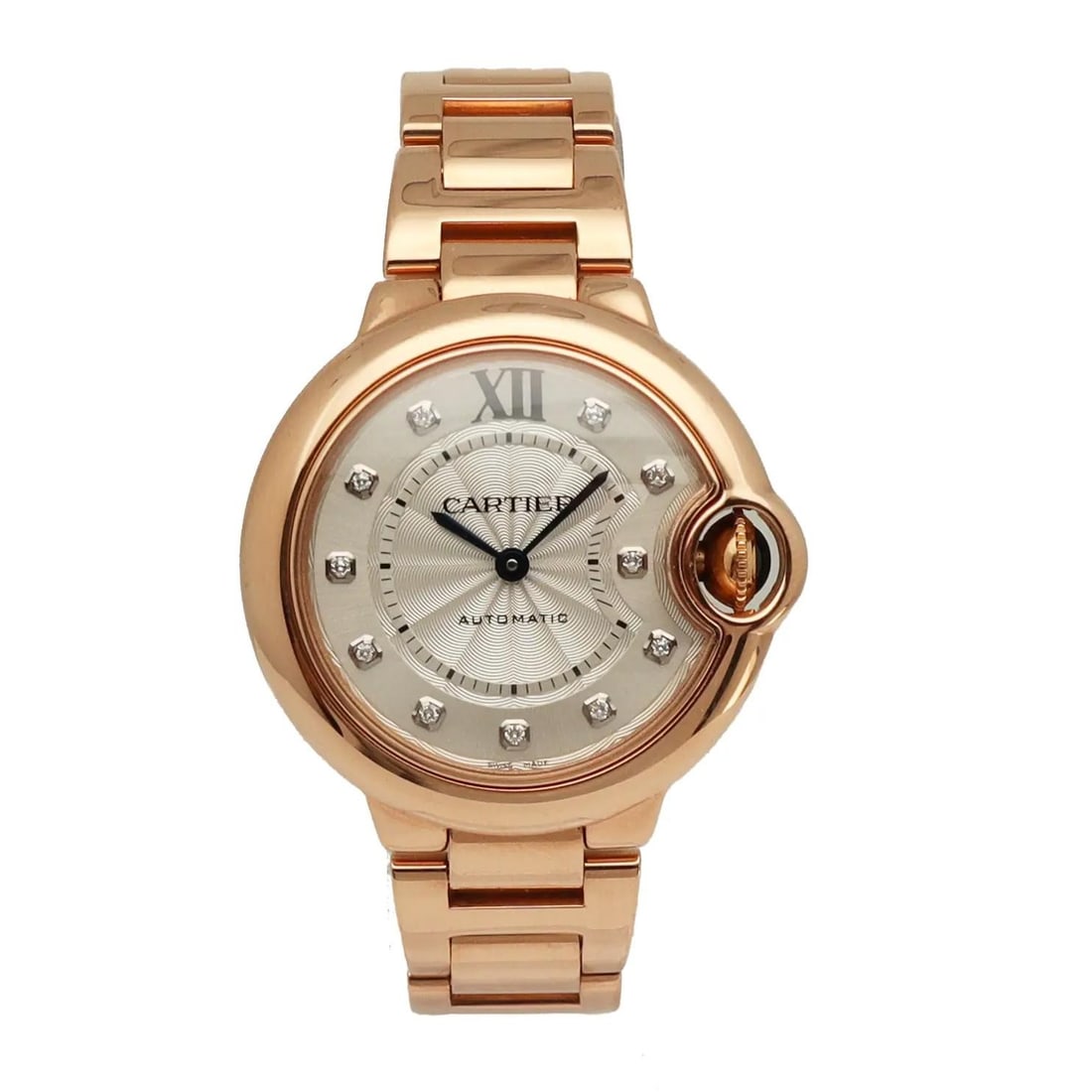 Cartier Ballon Bleu 33mm Rose Gold Diamond Dial Automatic Watch: Cartier Ballon Bleu 33mm Rose Gold Diamond Dial Automatic Watch This Cartier Ballon Bleu 33mm wristwatch features an 18k rose gold case, bracelet, and fixed bezel, complemented by a silver dial with d