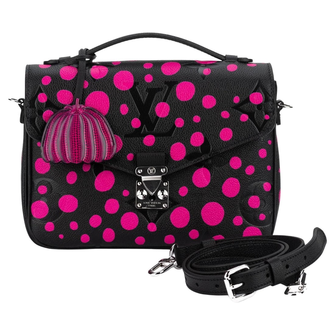 Louis Vuitton Yayoi Kusama Pochette Metis Black Fuchsia Crossbody Bag: Louis Vuitton Yayoi Kusama Pochette Metis Black Fuchsia Crossbody Bag This un-used Louis Vuitton x Yayoi Kusama Pochette Metis crossbody bag showcases the celebrated Japanese artist's iconic psychedel
