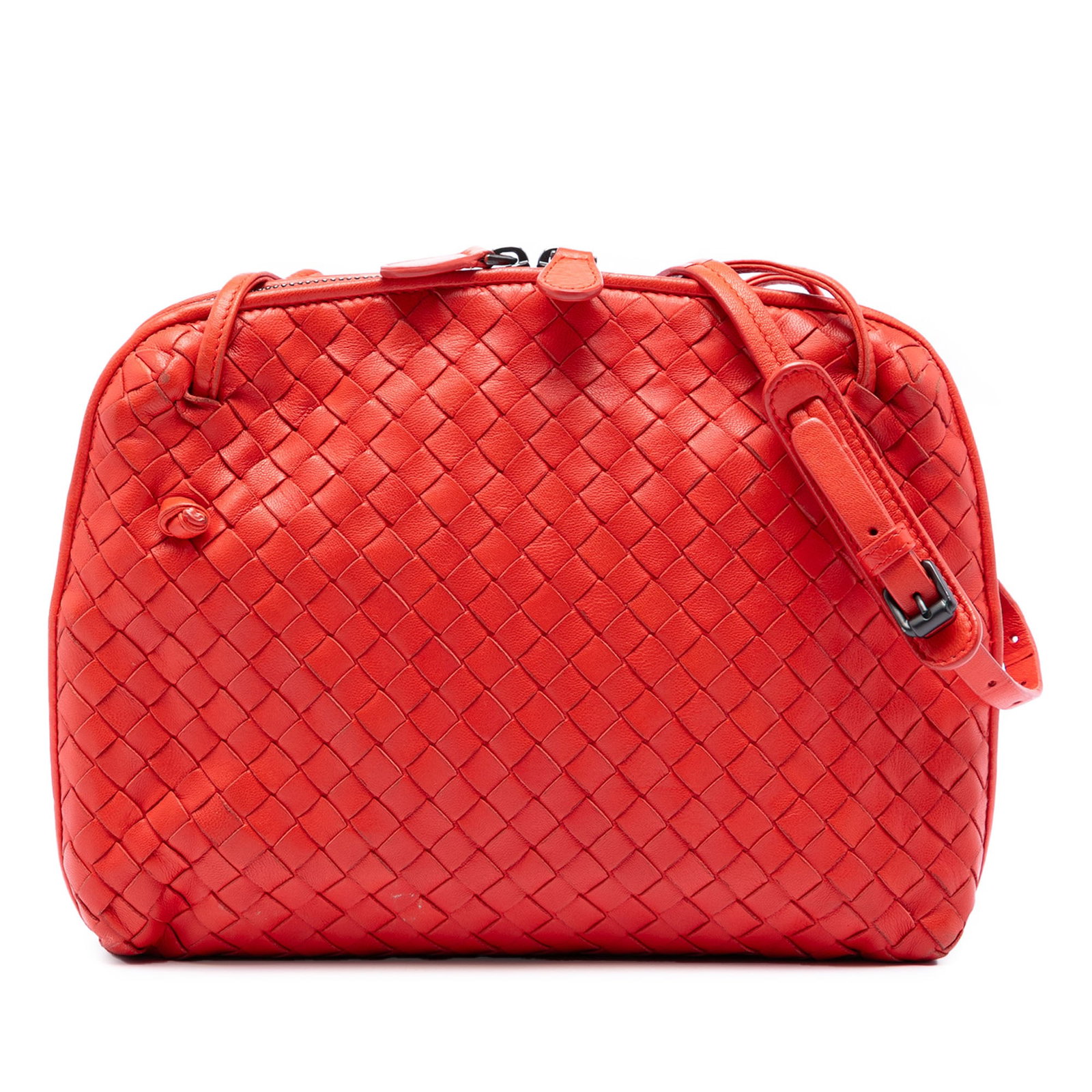 Bottega Veneta Nodini Orange Intrecciato Leather Crossbody Bag: Bottega Veneta Nodini Orange Intrecciato Leather Crossbody Bag This Bottega Veneta Nappa Intrecciato Nodini Crossbody features the brand's signature woven leather design in orange. The bag is equipped