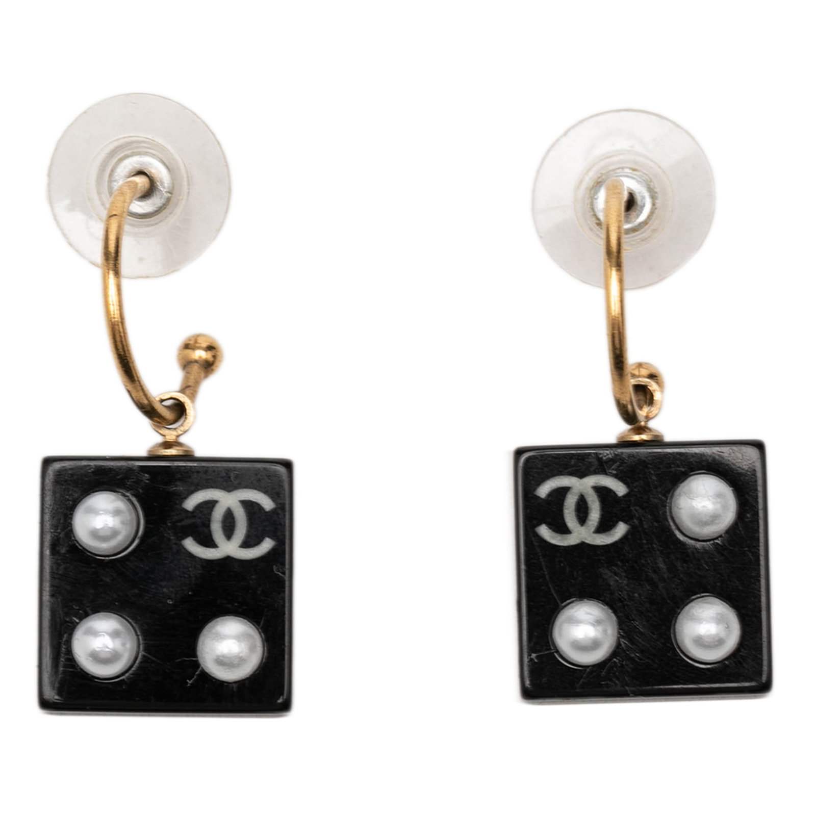 Chanel CC Dice Drop Earrings Gold Tone Resin Faux Pearl: Chanel CC Dice Drop Earrings Gold Tone Resin Faux Pearl Chanel dice drop earrings featuring a black resin body with gold tone metal accents and faux pearl embellishments. Designed with push-back closu