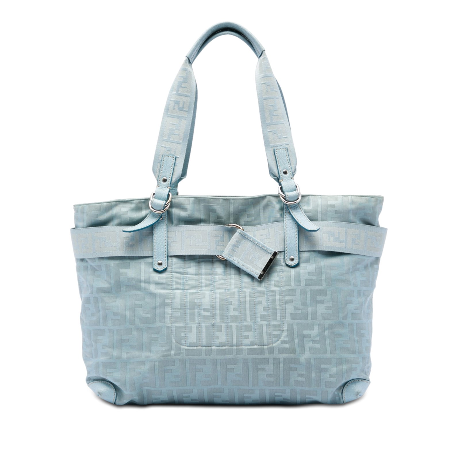 Fendi Zucca Zip Code Nylon Tote Bag Blue: Fendi Zucca Zip Code Nylon Tote Bag Blue Blue tote bag with a nylon body, flat handles, a top zip closure, and an interior zip pocket. Made in Italy, this Fendi Zucca Nylon Zip Code Tote is constructe