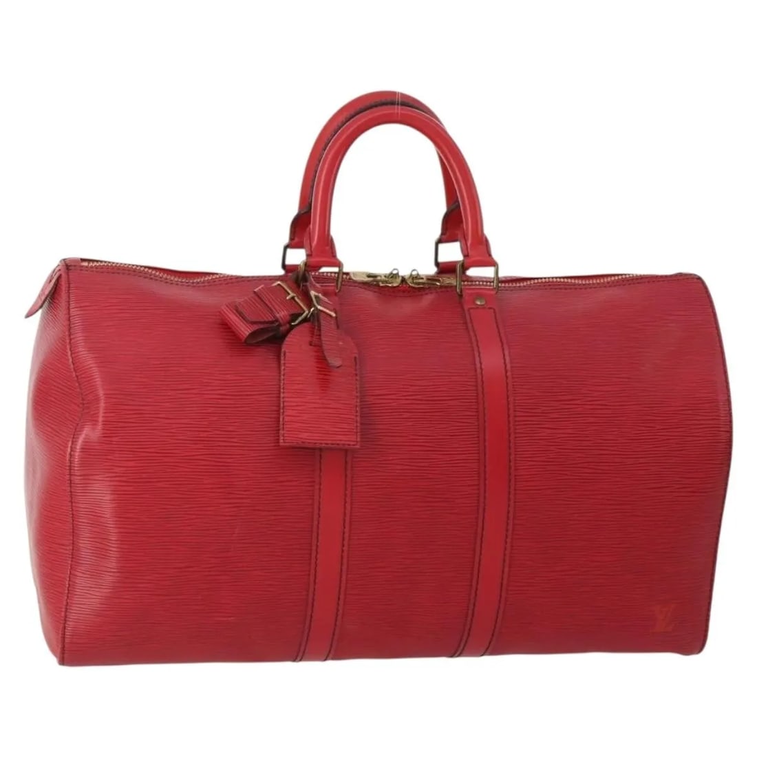 Louis Vuitton Epi Leather Keepall Travel Bag: Louis Vuitton Epi Leather Keepall Travel Bag This Louis Vuitton Keepall Bag is crafted from red Epi leather and designed for unisex use. Made in France, the bag features visible signs of wear, includi