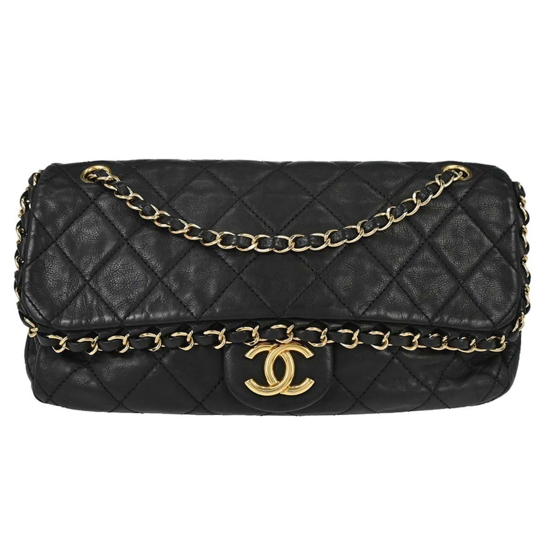 CHANEL Chain Me Small Shoulder Bag Black Calfskin Matelasse: CHANEL Chain Me Small Shoulder Bag Black Calfskin Matelasse Chanel shoulder bag in black calfskin with a matelasse pattern and flap turnlock closure. This small shoulder bag features a chain strap, bl