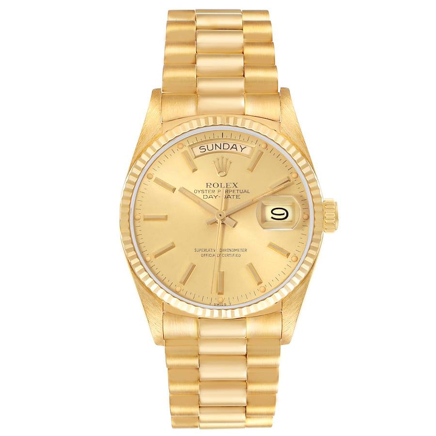 Rolex Ref. 18038 Day Date 36 Mens Watch Champagne Dial President Bracelet: Rolex Ref. 18038 Day Date 36 Mens Watch Champagne Dial President Bracelet Rolex Day-Date 36 men's watch with a champagne dial, fluted bezel, and President bracelet. The listing includes papers and ide