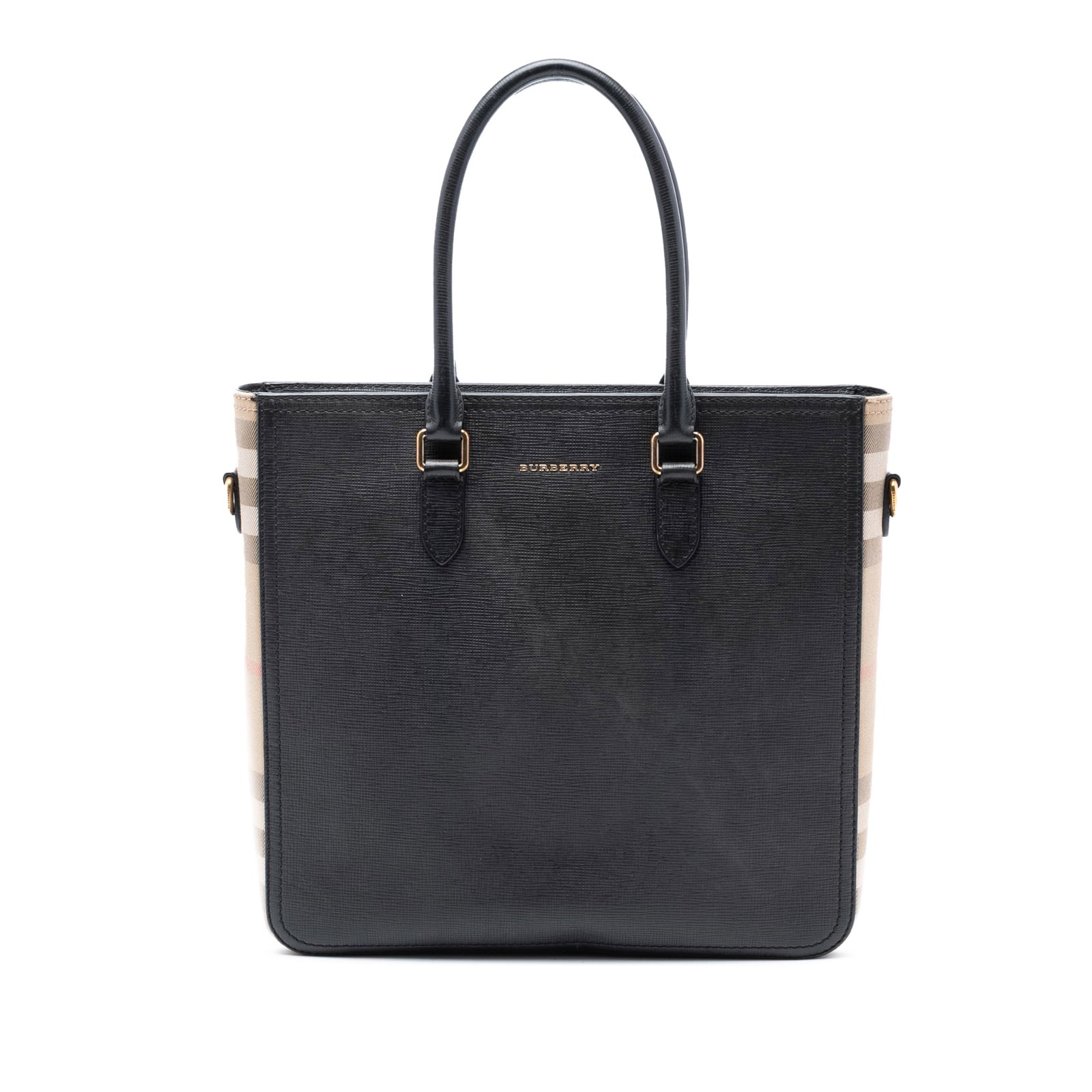 Burberry Banwell Tote Black Leather and Mega Check Canvas Satchel: Burberry Banwell Tote Black Leather and Mega Check Canvas Satchel This Burberry Banwell Tote features a leather body with canvas trim in the signature Mega Check pattern. It includes rolled leather ha