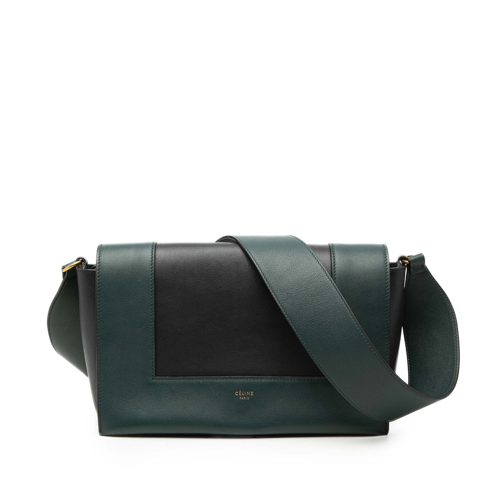 Celine green leather Frame shoulder bag Medium: Celine green leather Frame shoulder bag Medium This Celine Medium Shiny Smooth Calfskin Frame Shoulder Bag features a green leather body with a flat leather shoulder strap, a front flap closure, and i