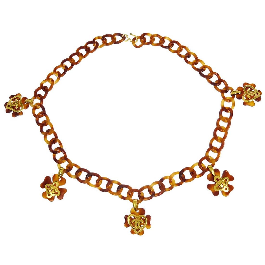 Chanel 95P Clover Chain Belt Brown Acrylic Adjustable France: Chanel 95P Clover Chain Belt Brown Acrylic Adjustable France A Chanel chain belt in brown acrylic, designed for women. It features a clover detail and an adjustable size, with a style described as cha