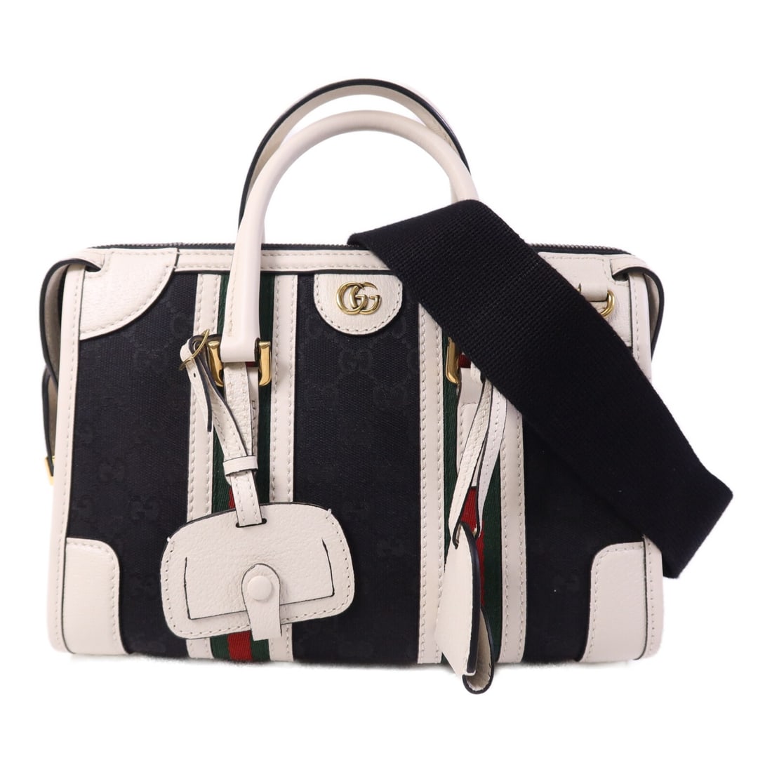 GUCCI 715772 Bauletto Small 2 Way Top Handle Bag GG Canvas Calfskin: GUCCI 715772 Bauletto Small 2 Way Top Handle Bag GG Canvas Calfskin A Gucci GG Bauletto small top handle 2-way shoulder bag in black and white, made from GG canvas and calfskin (cowhide). It features 