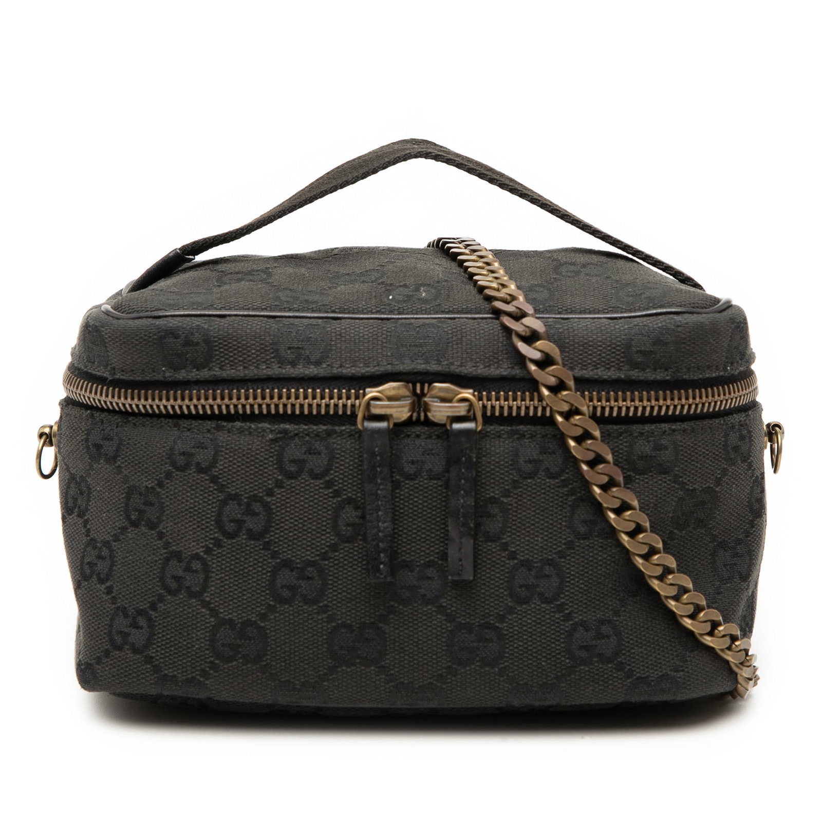 Gucci GG Canvas Vanity Bag with Chain Strap Black: Gucci GG Canvas Vanity Bag with Chain Strap Black Gucci GG Canvas Vanity Bag in black canvas with leather trim. This vanity bag features a flat top handle, a detachable chain link shoulder strap, a to