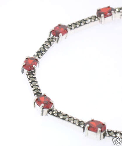 Elegant Narrow Oval Garnet Bracelet in .925 Sterling Silver with Marcasite (1 of 1)