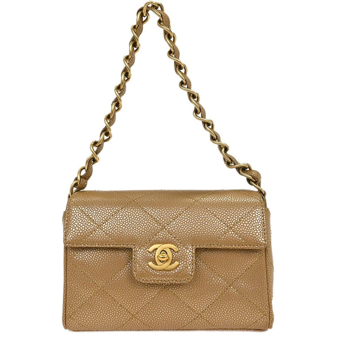 CHANEL Small Beige Leather Top Handle Bag Turn Lock: CHANEL Small Beige Leather Top Handle Bag Turn Lock Small Chanel top handle handbag in beige caviar skin leather with a turn-lock closure, logo accents, and inner pockets. The bag is described as bein