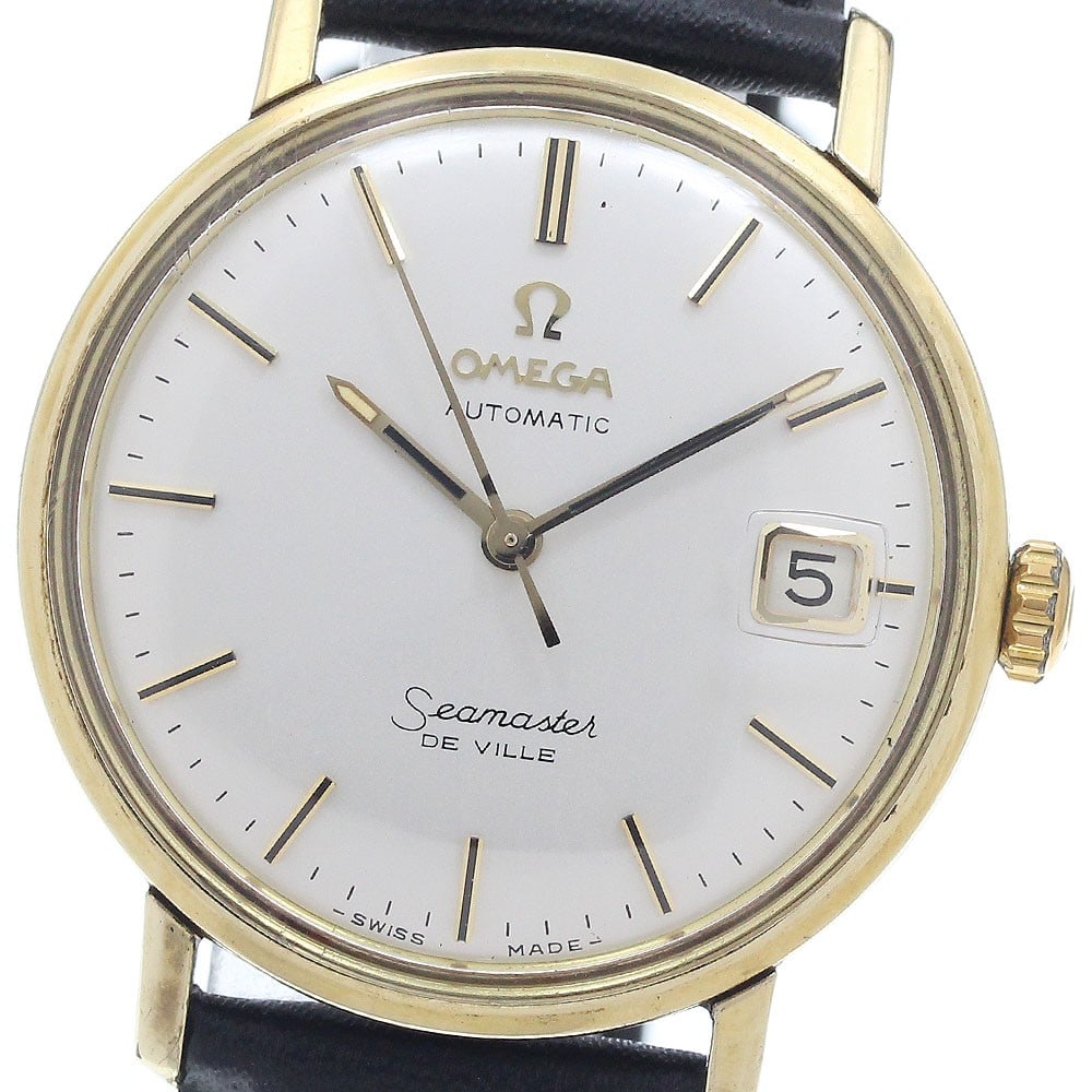 OMEGA Seamaster De Ville automatic date men's wristwatch: OMEGA Seamaster De Ville automatic date men's wristwatch This OMEGA Seamaster De Ville Date Automatic men's wristwatch features a silver dial and a date function, housed in a gold-plated and stainless