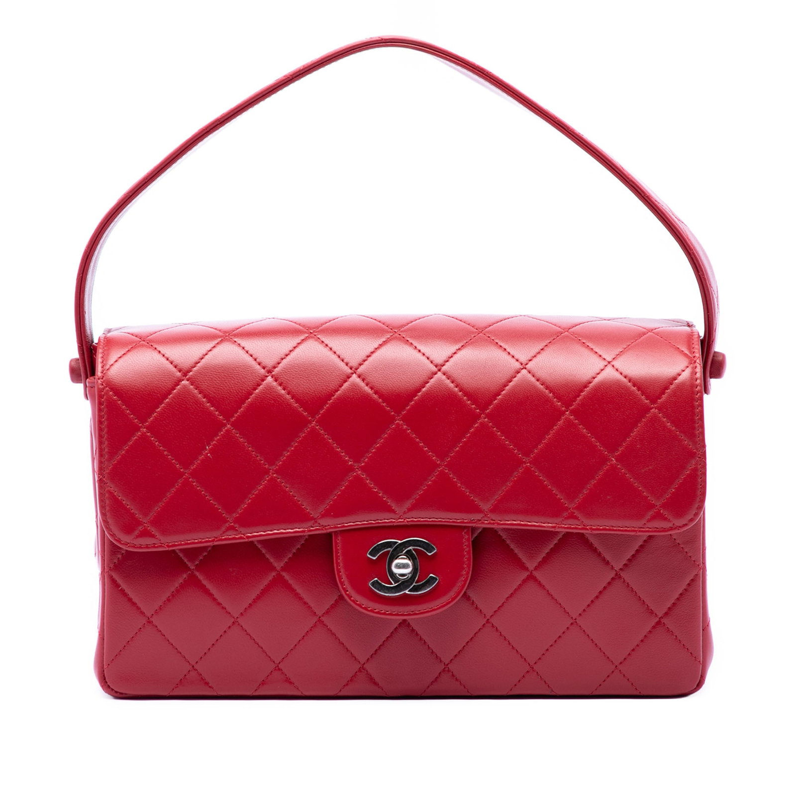 Chanel Medium Top Handle Handbag Quilted Red Lambskin: Chanel Medium Top Handle Handbag Quilted Red Lambskin A Chanel medium quilted lambskin top handle bag in red leather, made in France. It features a quilted body, flat leather handle, front and back fl