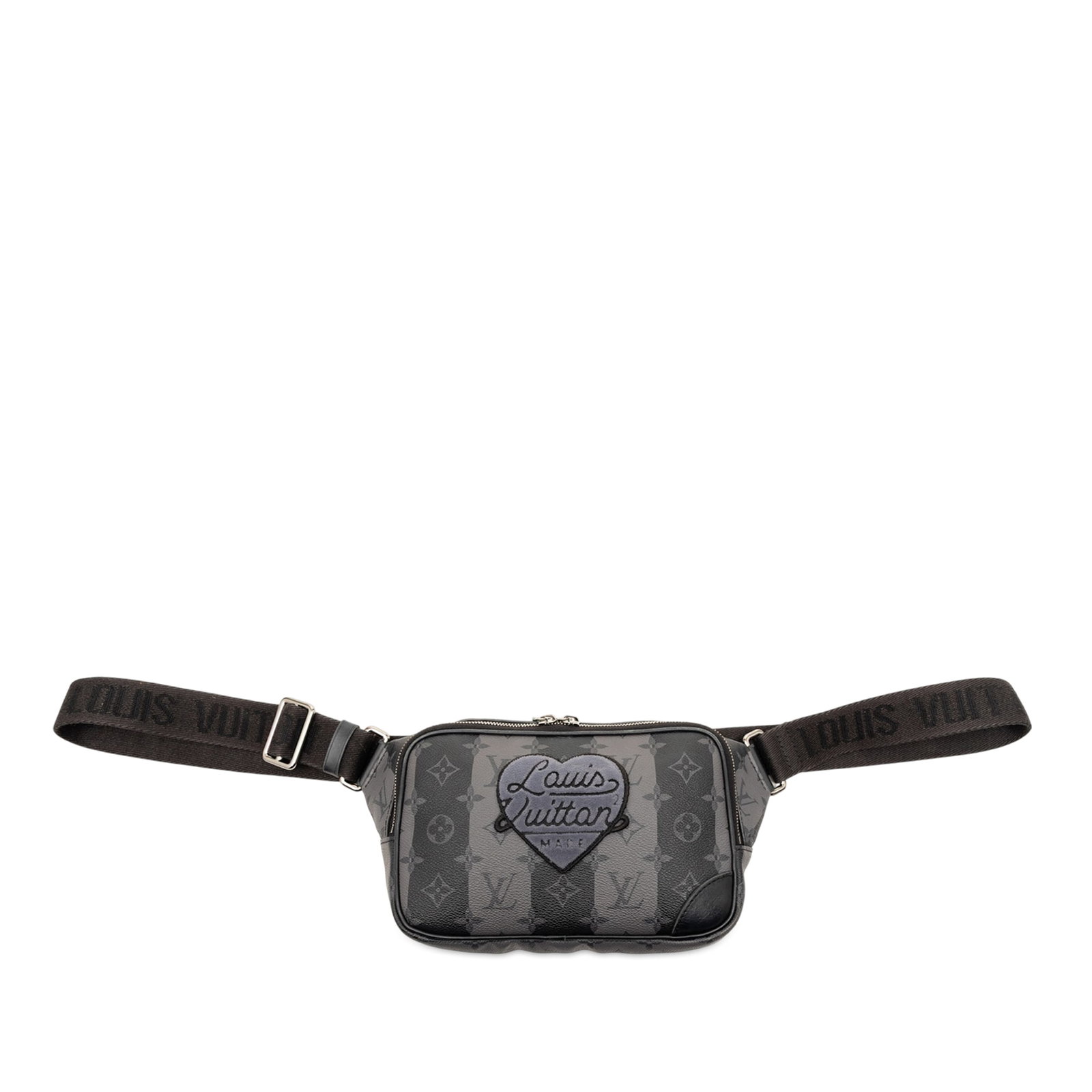 Louis Vuitton Monogram Eclipse sling bag with waist strap: Louis Vuitton Monogram Eclipse sling bag with waist strap This Louis Vuitton Monogram Eclipse Stripes Modular Sling Bag is crafted from coated canvas in a black colorway. It features an adjustable wai