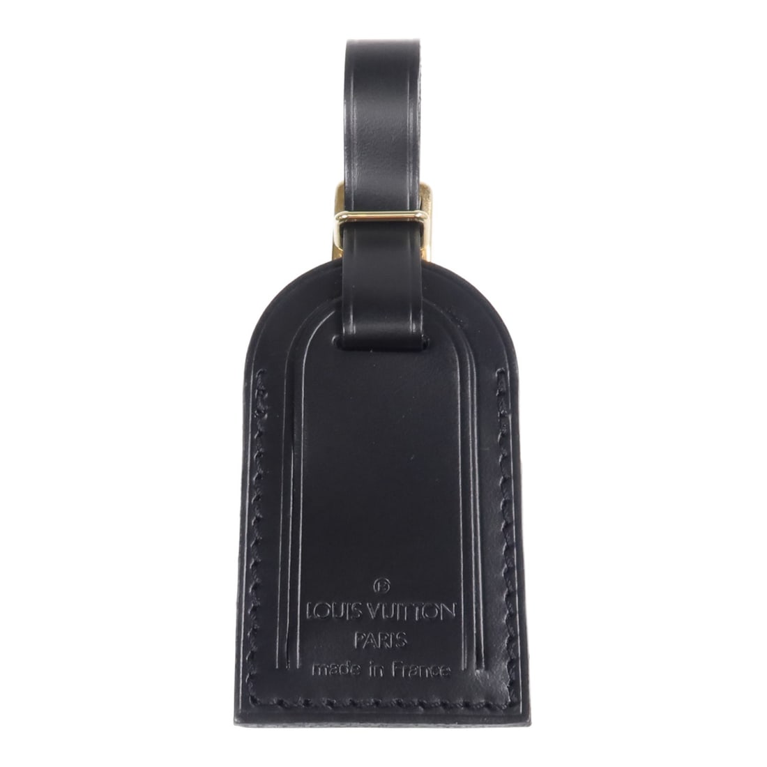 Louis Vuitton luggage tag charm black calfskin gold tone: Louis Vuitton luggage tag charm black calfskin gold tone A Louis Vuitton luggage tag charm in black calfskin leather. It is described as a unisex regular-size accessory made in France, with a black fr