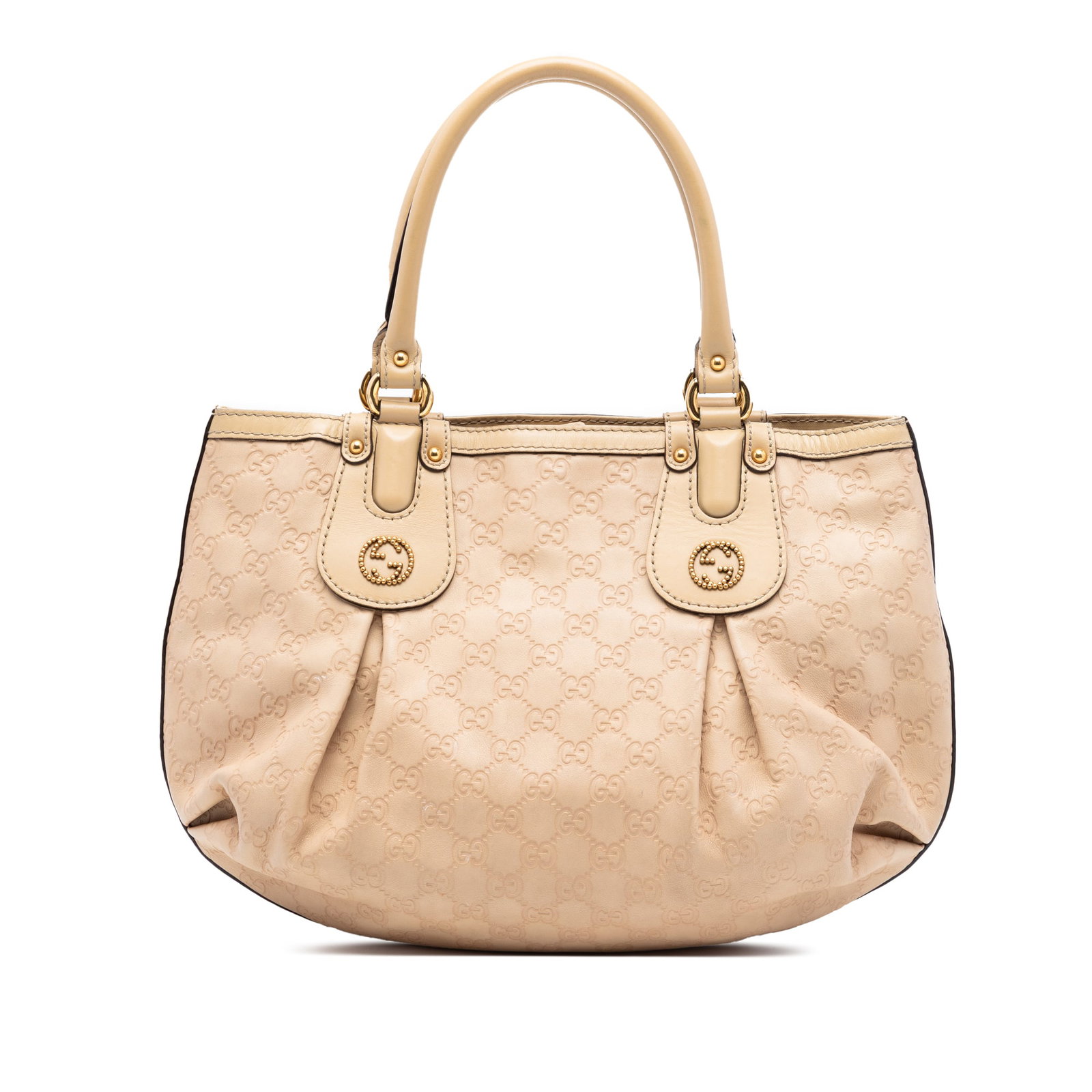 Gucci Guccissima Scarlett beige leather tote bag: Gucci Guccissima Scarlett beige leather tote bag The Guccissima Scarlett Tote is crafted from embossed leather and features rolled leather handles, an open top with a magnetic snap closure, and interi
