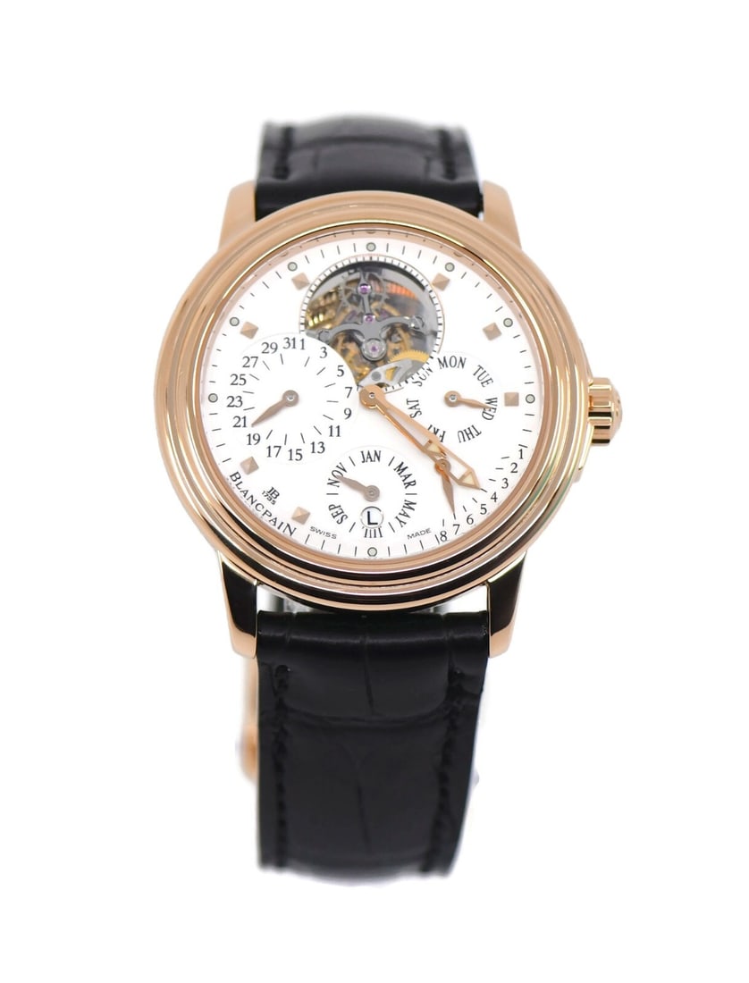 Blancpain Leman Tourbillon 18K Rose Gold Watch 2625 with Box: Blancpain Leman Tourbillon 18K Rose Gold Watch 2625 with Box Discover the exquisite Blancpain Leman Calendar Tourbillon wristwatch, crafted in luxurious 18K rose gold. This stunning timepiece features