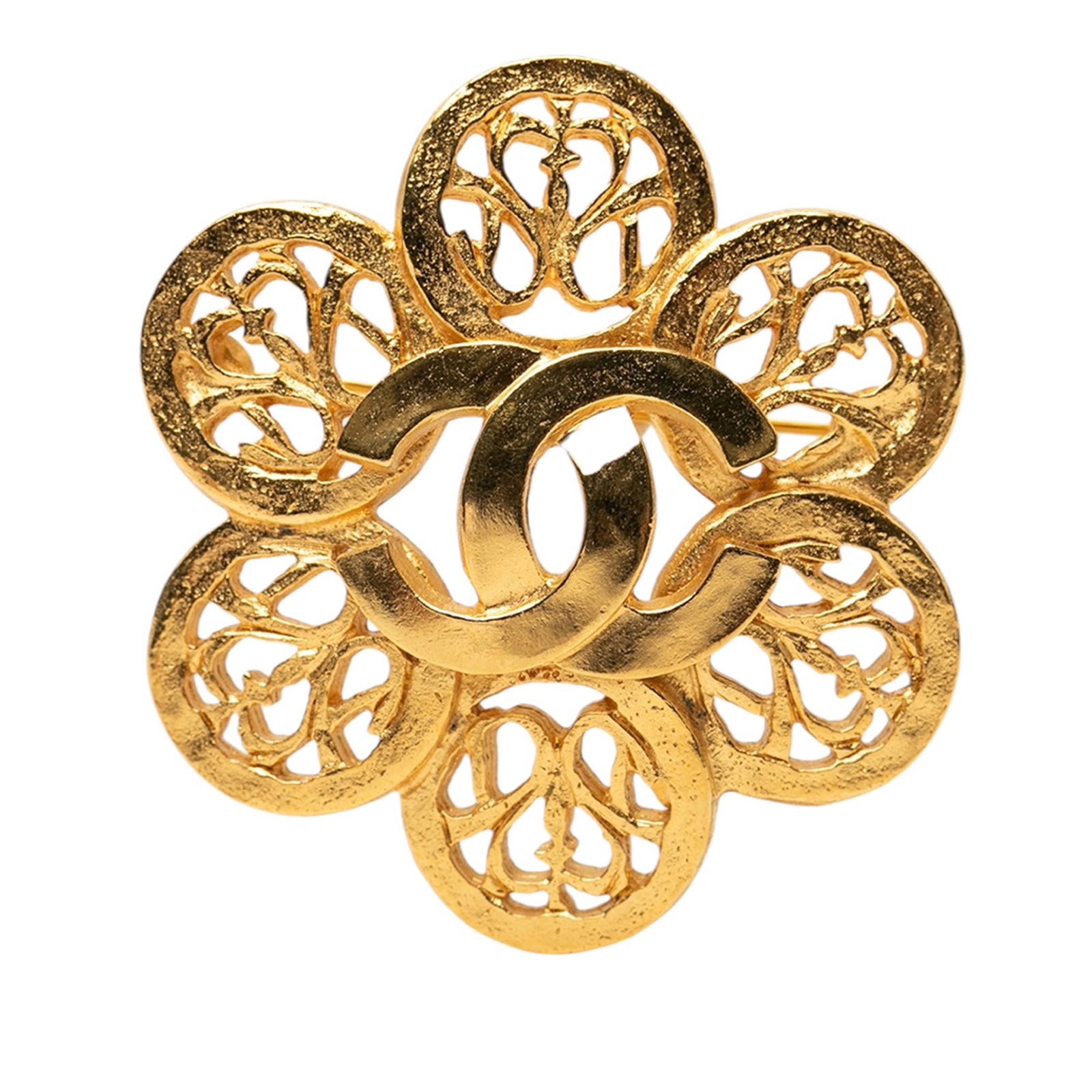 Chanel Flower CC Brooch Gold Tone Metal: Chanel Flower CC Brooch Gold Tone Metal Chanel CC Gold Plated Flower Brooch in costume jewelry style, made in France. It features a gold-tone metal body with a back pin closure and a flower design. Th