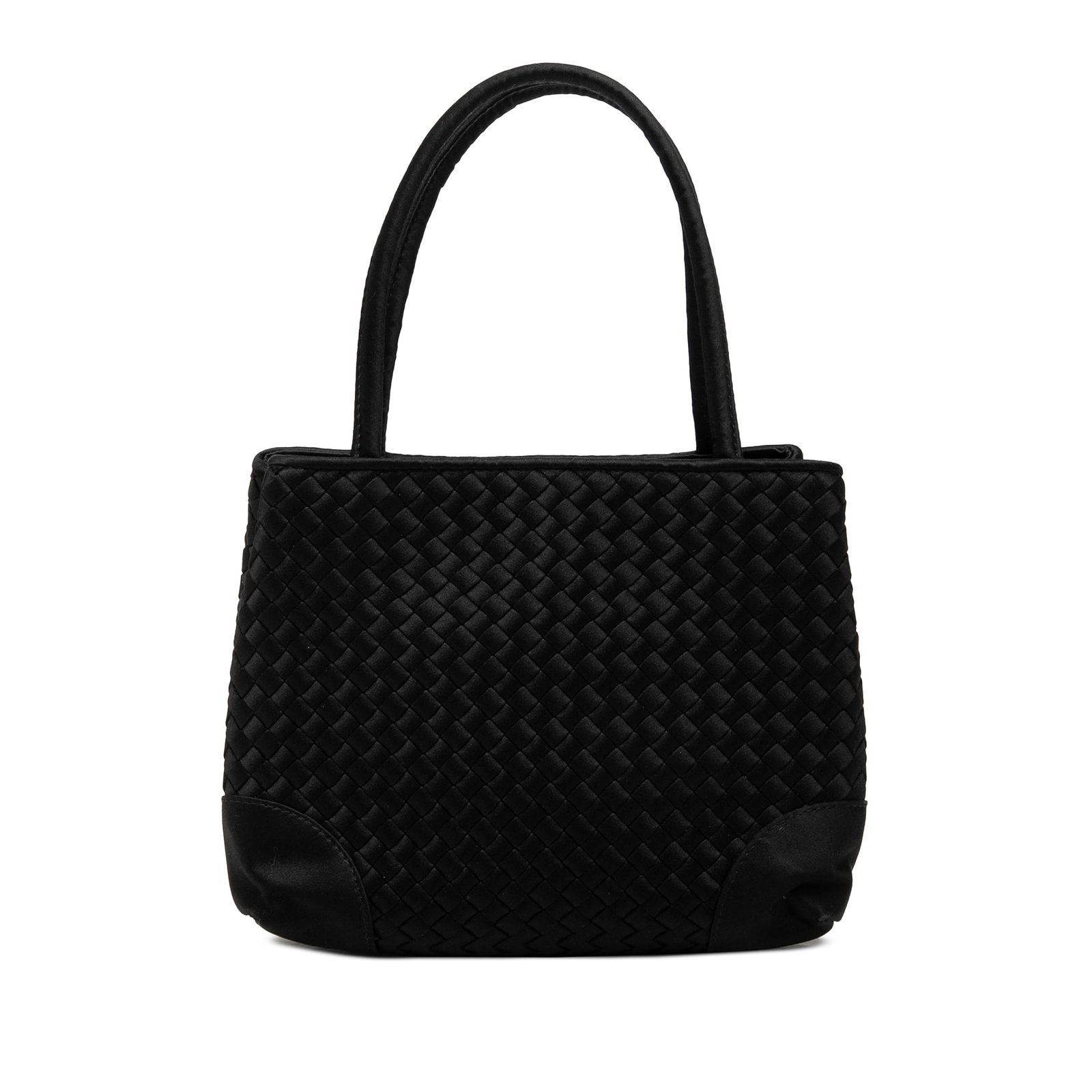 Black Fabric Tote Bottega Veneta Mini Intrecciato: Black Fabric Tote Bottega Veneta Mini Intrecciato Bottega Veneta Mini Satin Intrecciato Tote in black fabric with the brand's signature woven satin body. This compact tote features rolled handles, an 