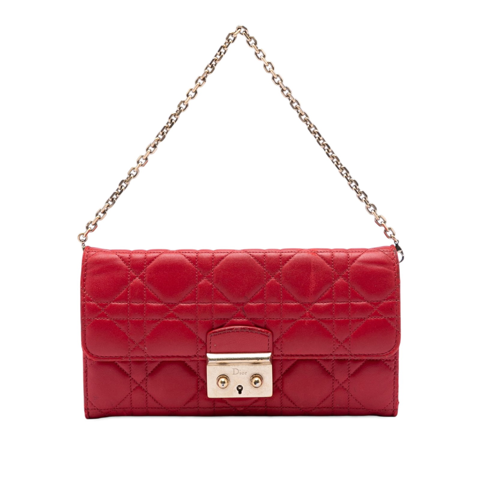 Dior Miss Dior Promenade red lambskin chain wallet: Dior Miss Dior Promenade red lambskin chain wallet This Miss Dior Promenade wallet on chain is crafted in red quilted lambskin leather with the Cannage pattern. It features a detachable silver-tone ch