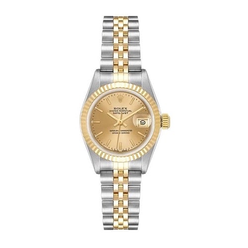Rolex Datejust Lady 69173 Champagne Dial Jubilee Bracelet Papers 1986: Rolex Datejust Lady 69173 Champagne Dial Jubilee Bracelet Papers 1986 This Rolex Datejust Lady wristwatch, reference 69173, features a champagne stick dial and a classic fluted bezel. The watch is pai