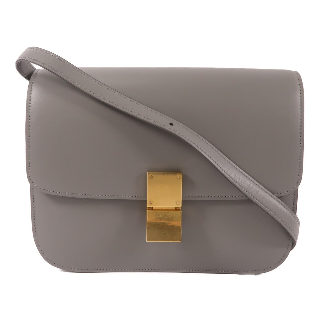 CELINE Classic Box Medium Gray Calfskin Shoulder Bag: CELINE Classic Box Medium Gray Calfskin Shoulder Bag A CELINE Classic Box medium shoulder bag crafted from calfskin (cowhide) leather in gray. This shoulder bag features a flap closure, an inside zip 