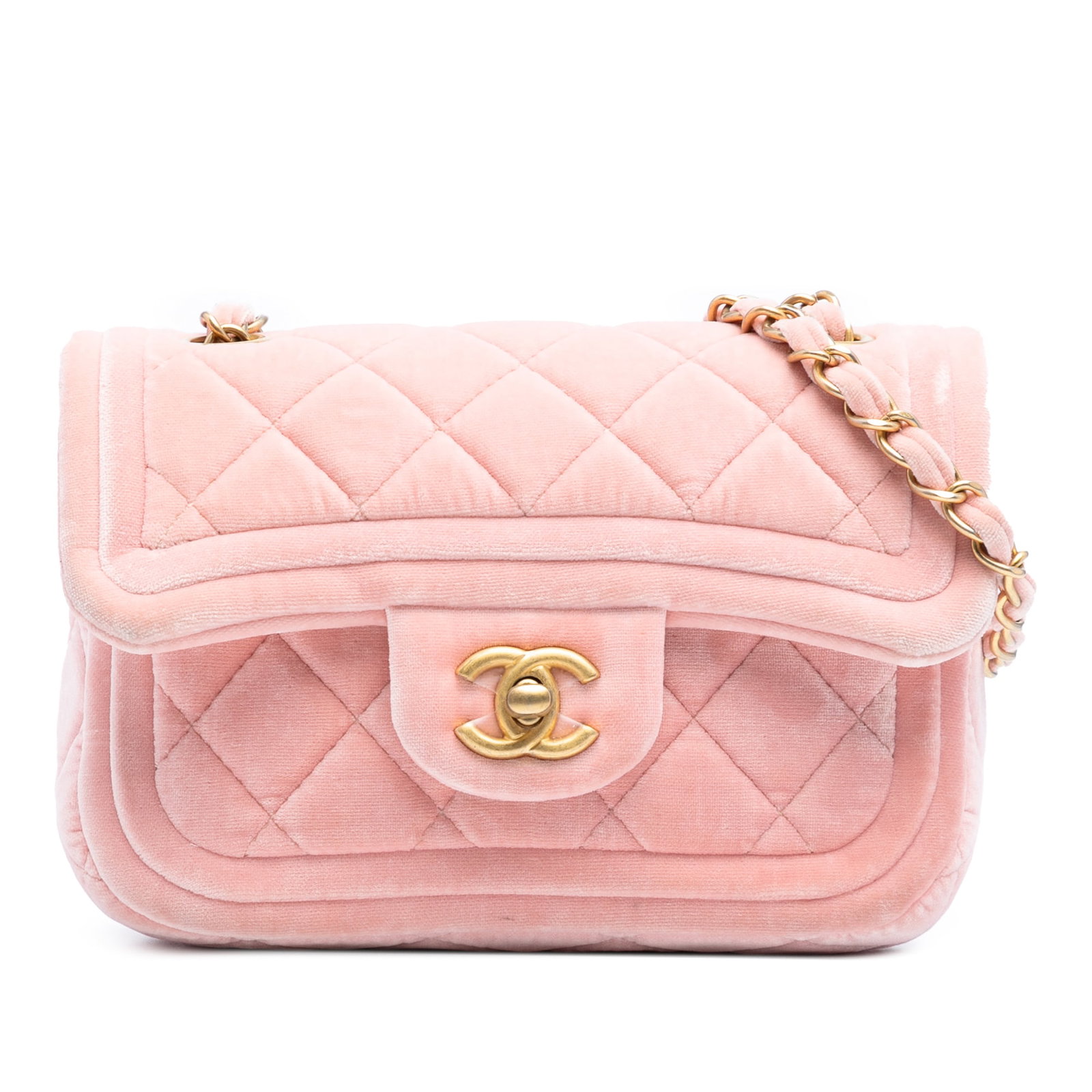 Chanel Mini Quilted Velvet Double Frame Flap Bag Pink: Chanel Mini Quilted Velvet Double Frame Flap Bag Pink This Chanel Mini Quilted Velvet Double Frame Flap is a stylish and functional accessory crafted from soft quilted velvet. It features a leather wo
