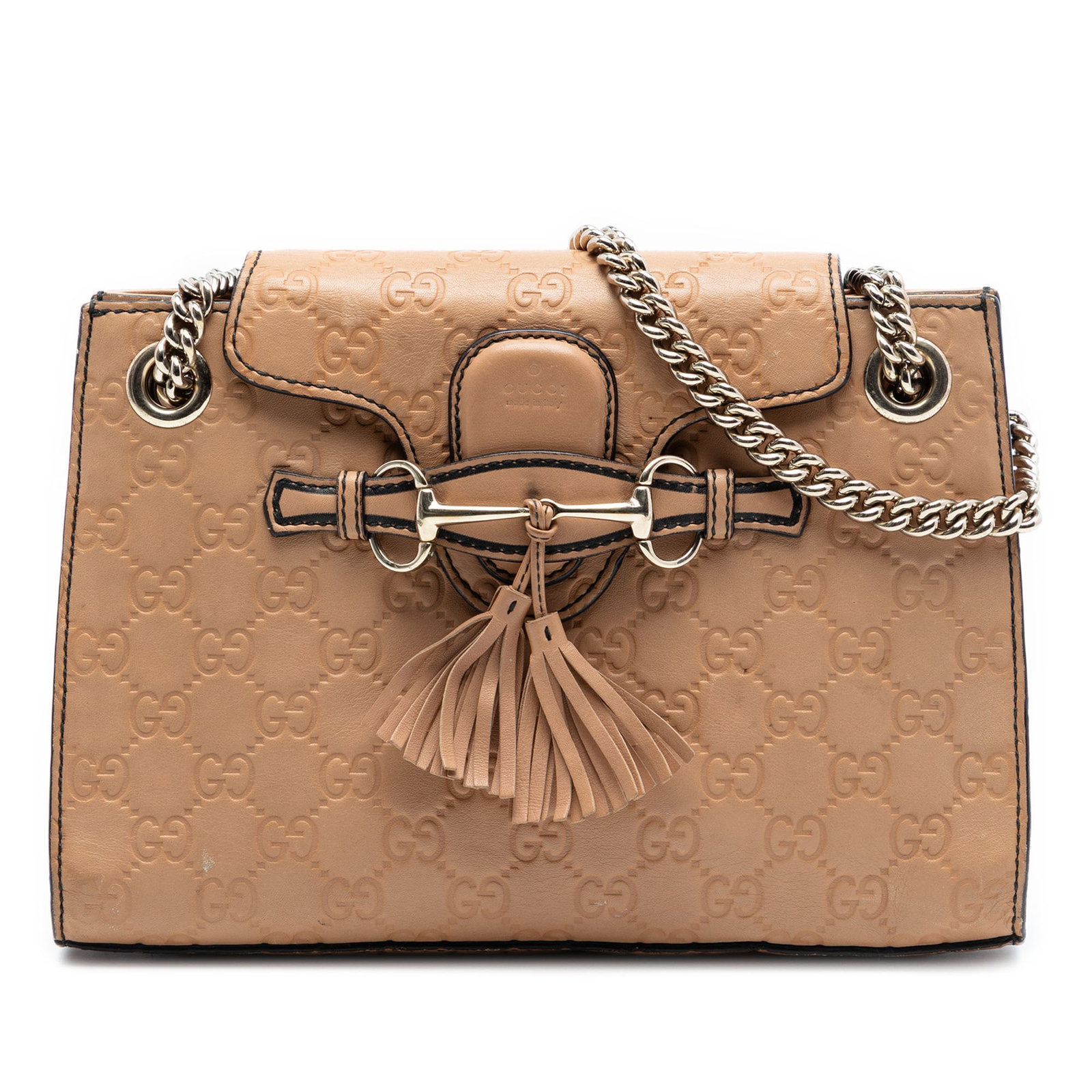 Gucci Emily Guccissima Beige Embossed Leather Chain Shoulder Bag: Gucci Emily Guccissima Beige Embossed Leather Chain Shoulder Bag This Gucci Small Guccissima Emily Shoulder Bag features an embossed leather body in beige, chain link straps with leather shoulder guar