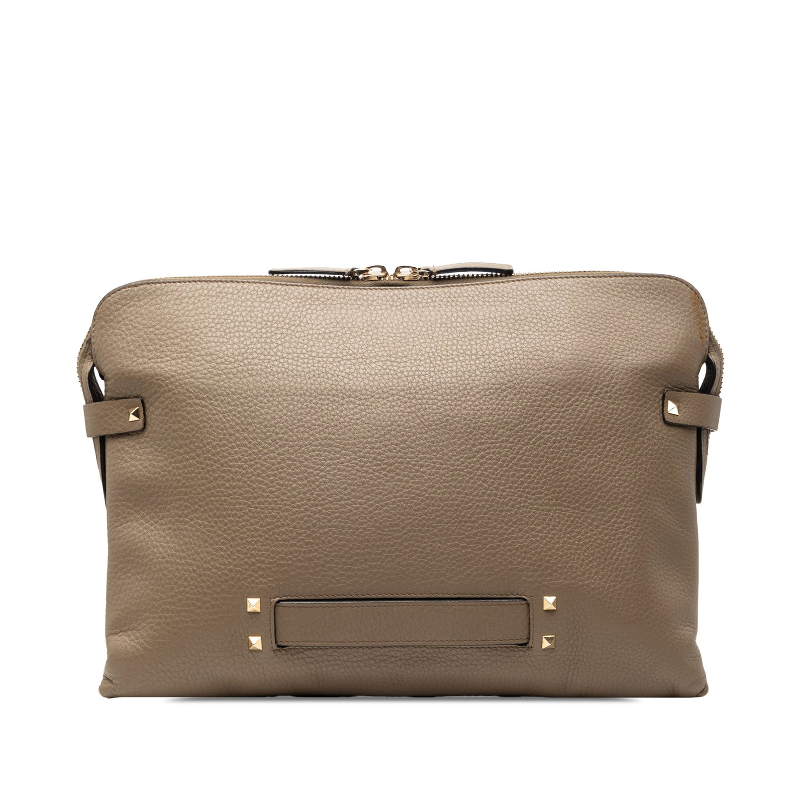 Valentino Rockstud leather clutch bag with top zip closures: Valentino Rockstud leather clutch bag with top zip closures This Valentino Grained Calfskin Rockstud Clutch is crafted from brown leather and features signature Rockstud embellishments. The design inc