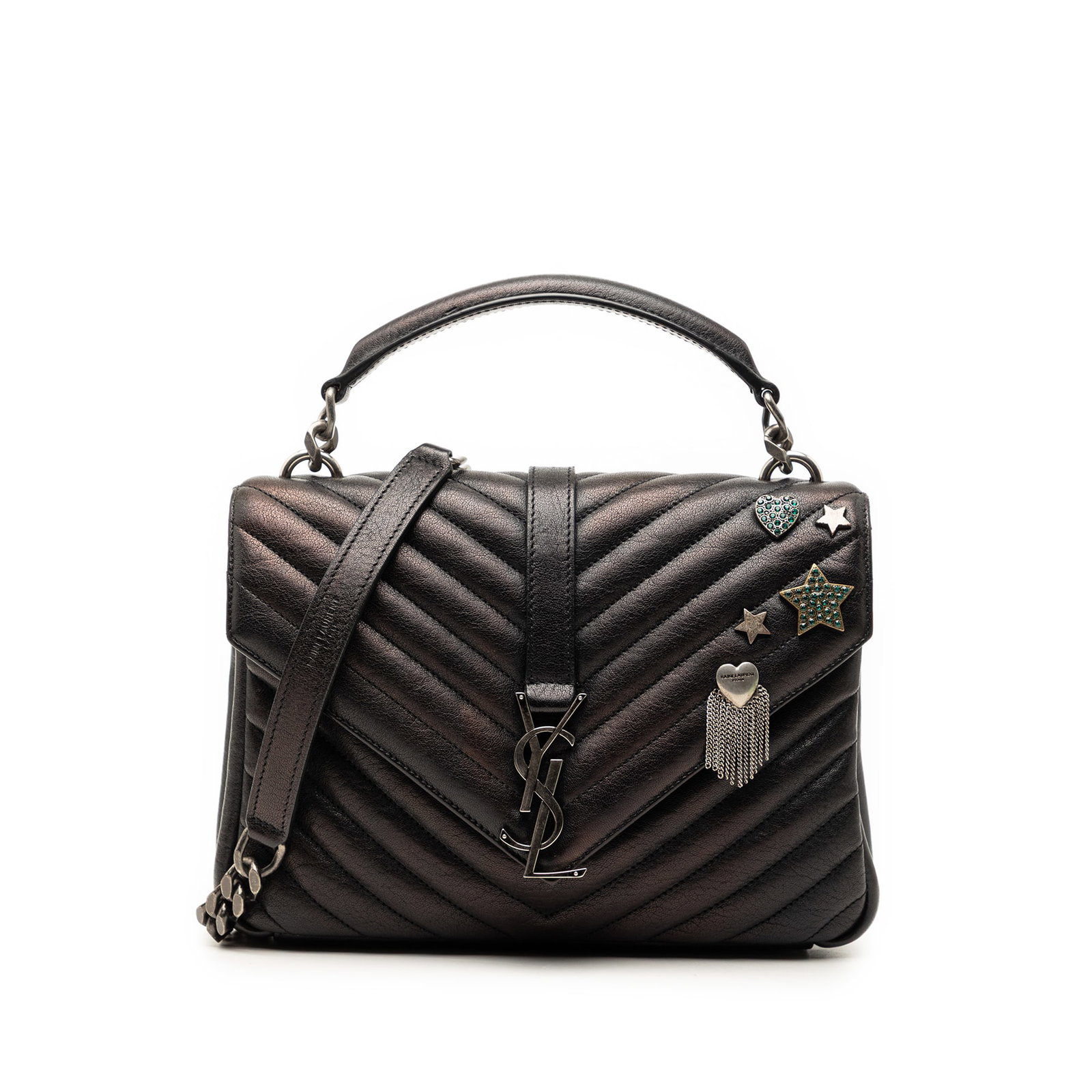 Saint Laurent College Pins Satchel Metallic Chevron Sheepskin Medium: Saint Laurent College Pins Satchel Metallic Chevron Sheepskin Medium This Saint Laurent Medium Metallic Chevron Sheepskin Monogram College Pins Satchel features a quilted leather body with distinctive