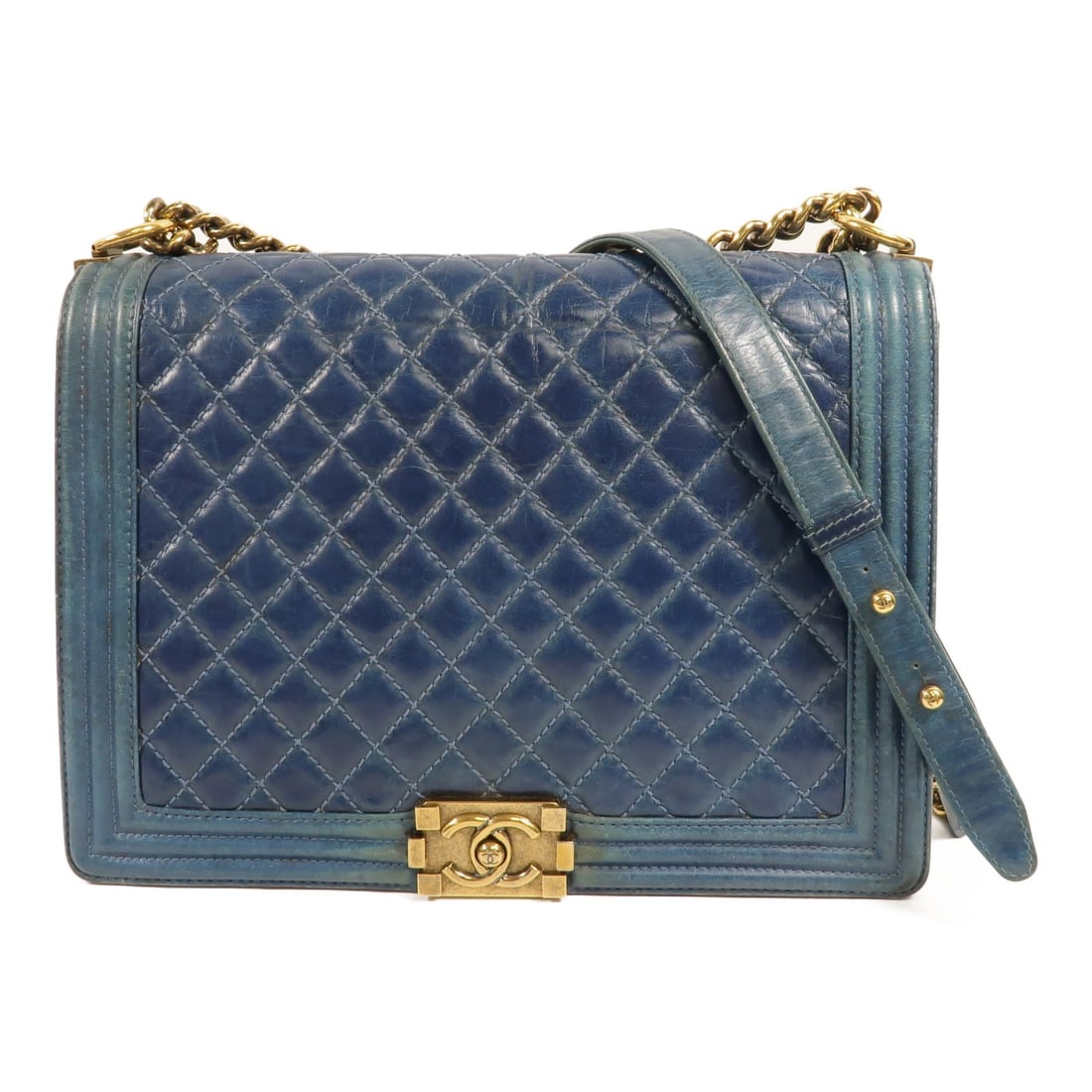 CHANEL Boy Chanel Calfskin Shoulder Bag Blue Green GHW: CHANEL Boy Chanel Calfskin Shoulder Bag Blue Green GHW Boy Chanel shoulder bag in calfskin leather with a blue and green color combination. It features a flap closure, two open interior pockets, and o