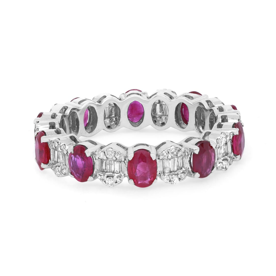 Rachel Koen 14K White Gold Ruby Diamond Eternity Band Ring 2.21 ctw: Rachel Koen 14K White Gold Ruby Diamond Eternity Band Ring 2.21 ctw This exquisite Rachel Koen eternity band ring showcases a stunning combination of 10 prong-set oval cut rubies and baguette and roun