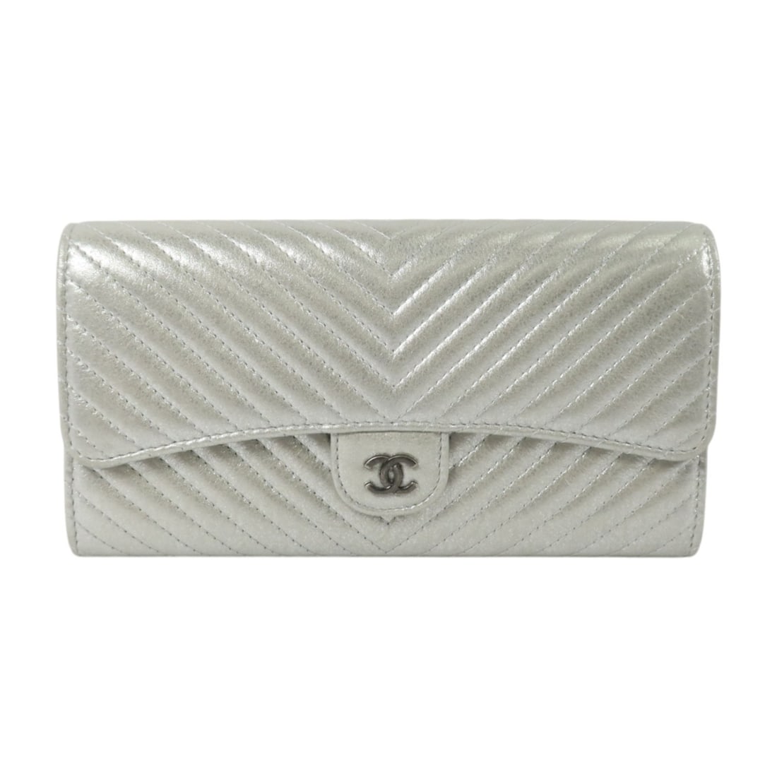 CHANEL CC Lambskin Long Wallet Silver Silver Hardware: CHANEL CC Lambskin Long Wallet Silver Silver Hardware A CHANEL long wallet in silver lambskin leather with silver-tone hardware. It features a hook button closure, two wallet compartments, two open po
