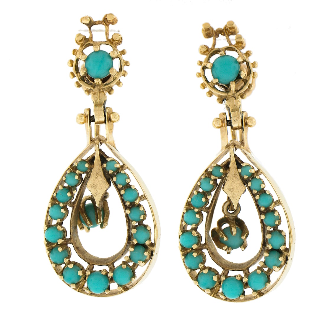 Vintage Victorian Revival Gold Turquoise Teardrop Dangle Earrings: Vintage Victorian Revival Gold Turquoise Teardrop Dangle Earrings Elevate your style with these Vintage Victorian Revival Dangle Earrings, featuring a stunning teardrop design adorned with natural tur