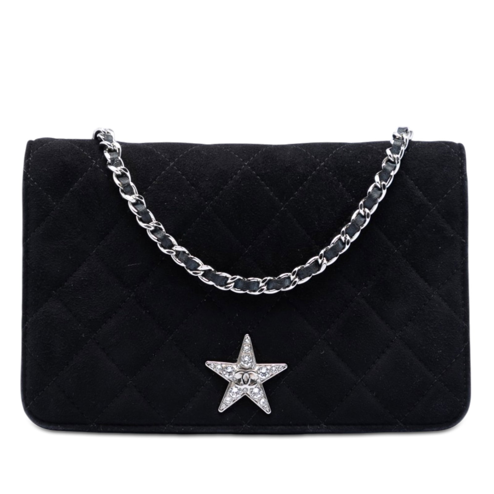 Chanel Cocostellar Black Suede Chain Wallet: Chanel Cocostellar Black Suede Chain Wallet This Chanel Quilted Suede Cocostellar Wallet on Chain is crafted from black suede leather and features a leather-woven chain strap adorned with charms. The 
