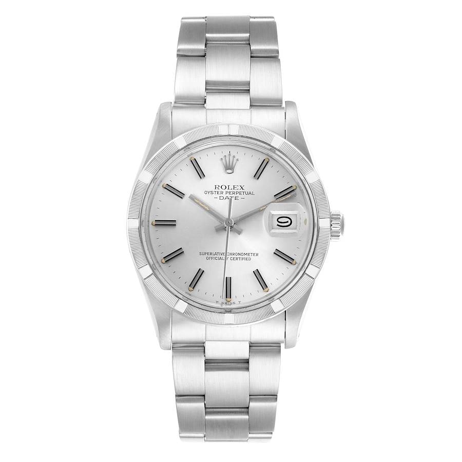 Rolex 15010 Oyster Perpetual Date watch silver stick dial Oyster bracelet: Rolex 15010 Oyster Perpetual Date watch silver stick dial Oyster bracelet Rolex Oyster Perpetual Date watch with a silver stick dial that has spots, an engine turned bezel, and an Oyster bracelet. Uni
