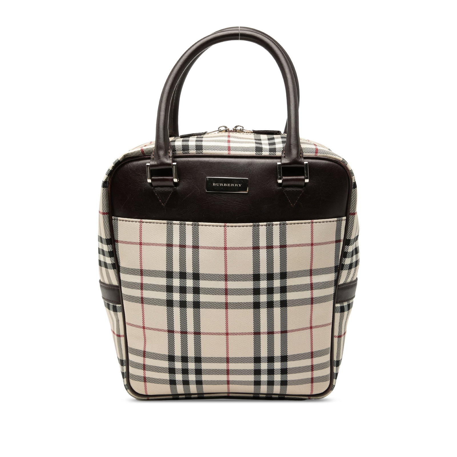 Beige Canvas Tote with Leather Trim by Burberry House Check: Beige Canvas Tote with Leather Trim by Burberry House Check This Burberry House Check Canvas Handbag features a canvas body with leather trim, rolled leather handles, a top zip closure, and interior z